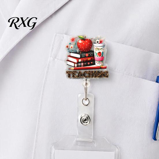 Retractable ID Card Reel Cute Glitter Badge Reels, Acrylic Holder with Clip, for Office Nurse Teacher Name Keychain Hook