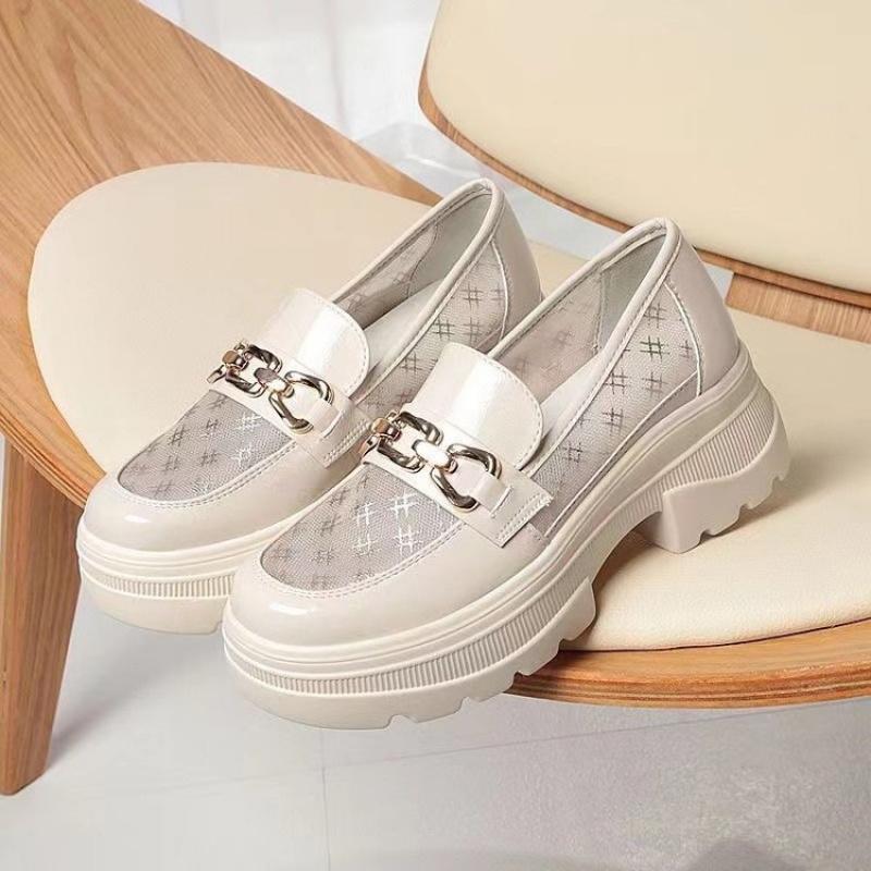 Autumn New Round Toe Thick Sole Comfortable Non-Tiring Foot Hollow Mid Heel Breathable Casual Daily Versatile Fashion Loafers