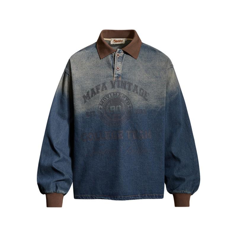 Mens Washed Denim Long Sleeve Polo Shirt Loose Fit Collar Top With Letter Print Streetwear Casual