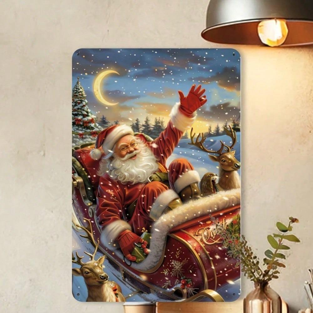 Vintage Santa Sleigh Metal Tin Sign 8x12 Inch Iron Plate Wall Art Home Decor Christmas