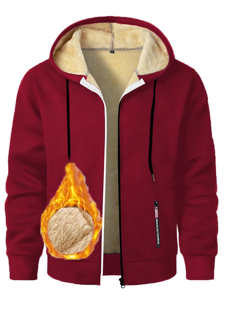 Autumn New Men's Casual Fleece Lined Hooded Zipper Sweatshirt Jacket Solid Color Warm Sportswear Male Fashion Outerwear