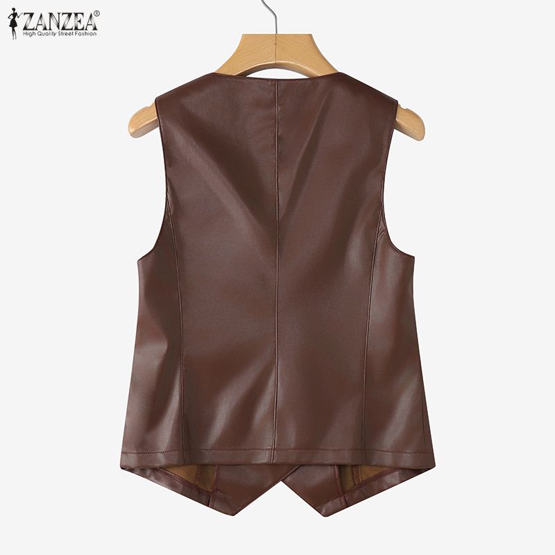 ZANZEA Women Casual V-Neck Sleeveless Faux PU Leather Cardigan Vest