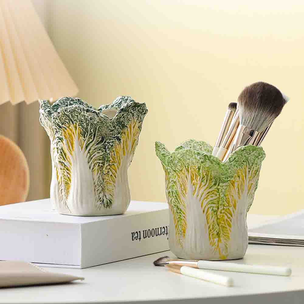 Creative Cabbage Shape Ceramic Makeup Brush Holder Cute Bok Choy Cosmetic Organizer Cup Desk Pen Pencil Pot Table Vanity Decor
