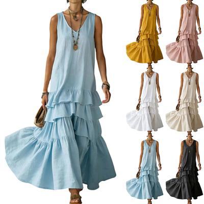Women Sleeveless Loose Fit Maxi Dress with Tiered Ruffle Hem Lightweight Casual Summer Dress