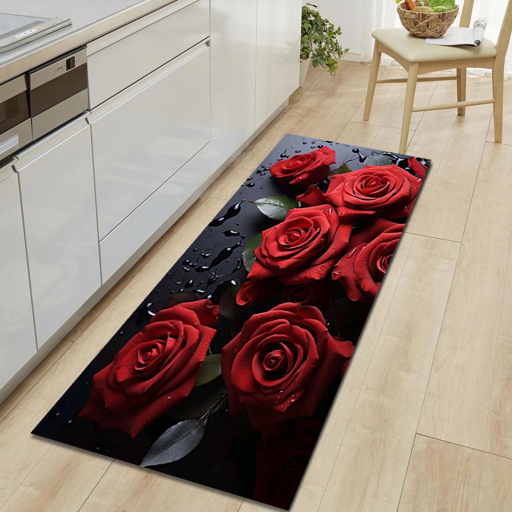 1Pcs Cat Rose Pattern Floor Mat Modern Kitchen Polyester Rug Non-Slip Colorful Indoor Carpet, For Home Bathroom Bedroom Living Room Decor