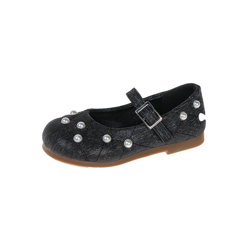 Girls' Black Soft-Soled Leather Mary Janes with Pearls - New 2026 Spring/Autumn Ballet Performance & Casual Shoes