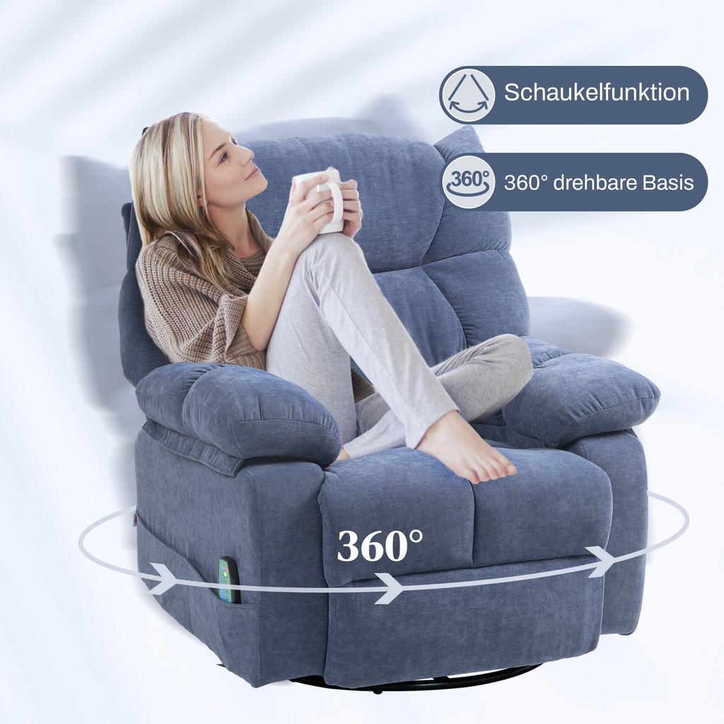 Massage Chair with Heat & Reclining Function, Swivel, up to 150 kg, Metal Frame, 98x90x98cm, Blue
