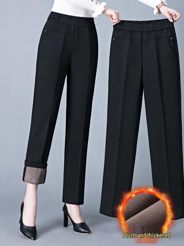 Women's Fleece-Lined High-Waist Warm Pants – Thick, Casual, Straight-Leg for Mom Style, Ideal for Winter Wear by Middle-Aged and Elderly.