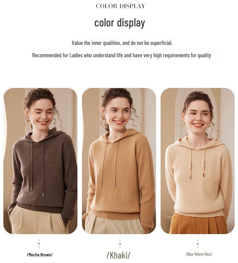 Women's Cable Knit Cashmere Hoodie: Loose, Soft, Warm, Long-Sleeve Pullover for Autumn and Winter