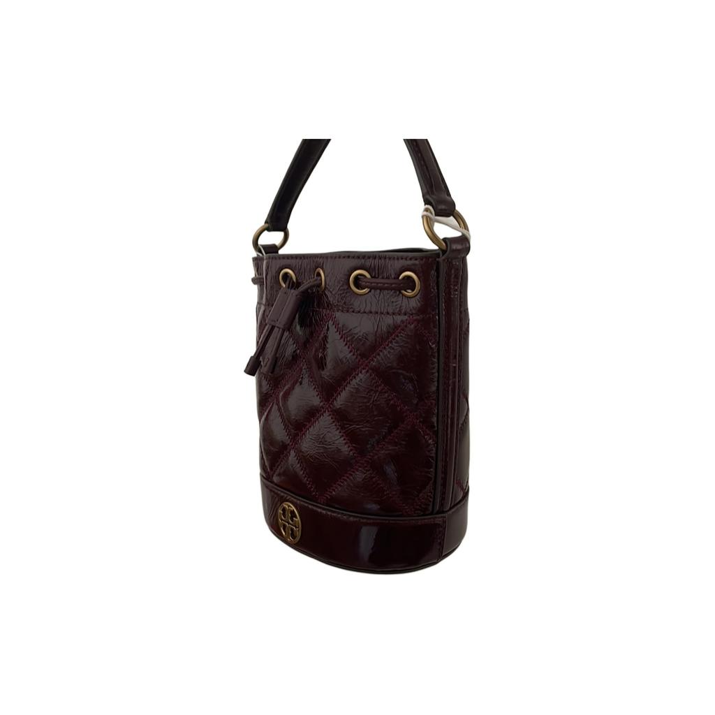 Tory Burch Metal Logo Drawstring Closure Leather Bucket Bag Women Bags Burgundy 152044-690