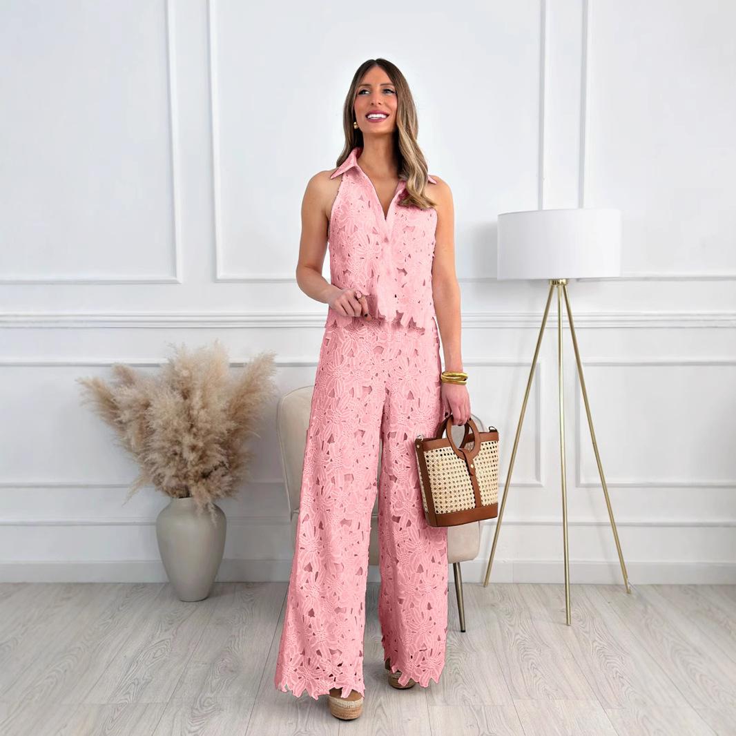 

2026 New women s embroidered hollow V-neck vest top, wide leg straight leg pants set 3XL