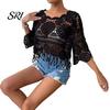 Top de ganchillo boho Cubre tops Ajuste holgado Cuello redondo Manga de tres cuartos Relajado Camisa de verano Tejido calado Playa Bohemio Dobladillo con borlas Ligero