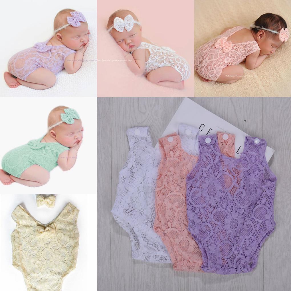 Newborn Photography Props Baby Cute Lace Outfit Headband Girl Children Solid Color Photo Costume Birth Accessory