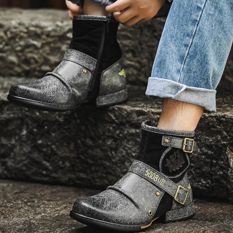 High Quality Men's Boots Retro Handmade Leather Boots Casual Ankle Booties Men Motorcycle Boots Punk Boot Western Cowboy Booties