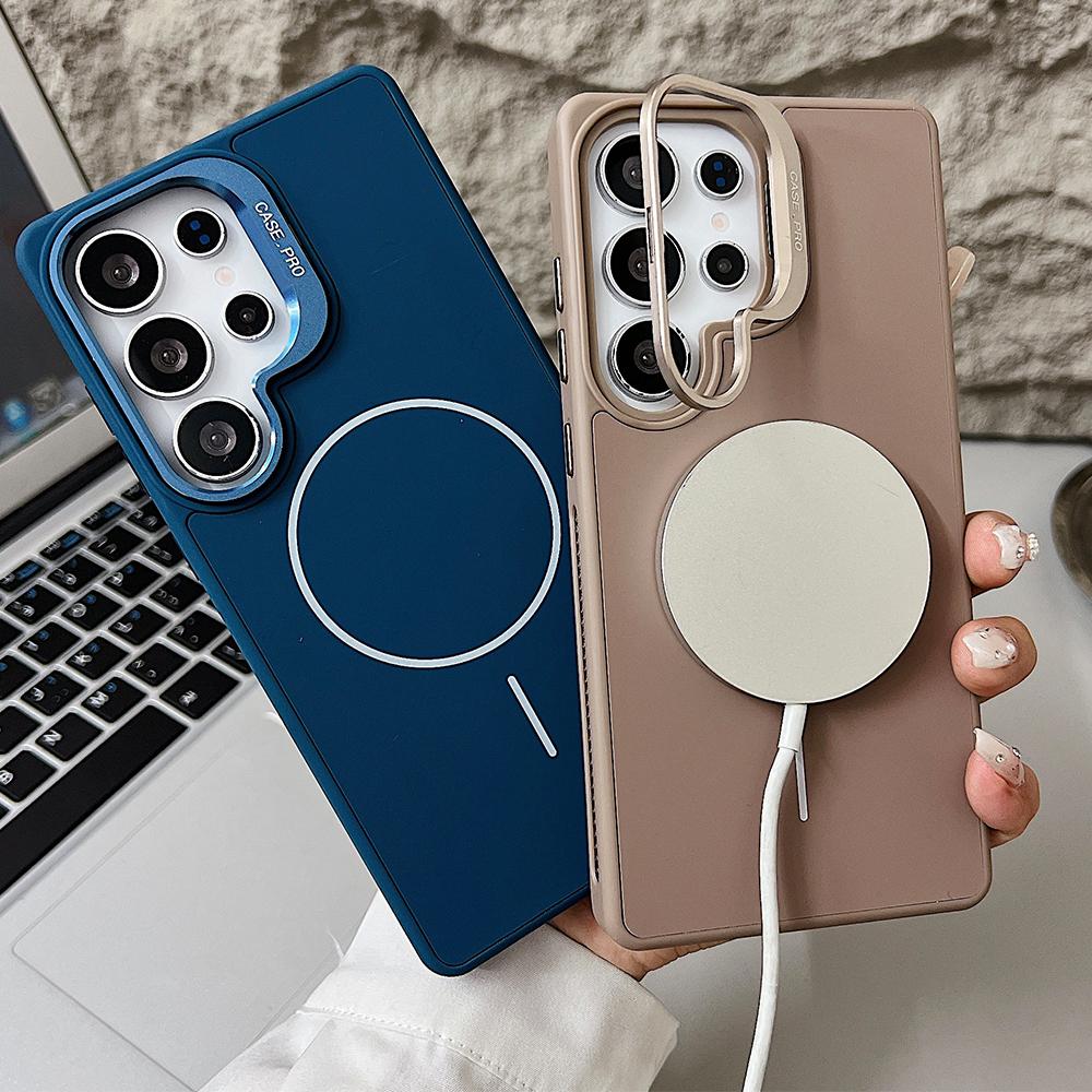 Desert Titanium Gold Lens Frame Holder Magnetic Silicone Case for Samsung Galaxy S25 S24 Ultra Magsafe Charging Soft Back Cover