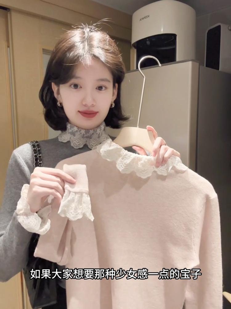 Pink girlish sweater women's autumn and winter stacked semi-turtleneck bottoming shirt lace inner shirt long-sleeved knitted top