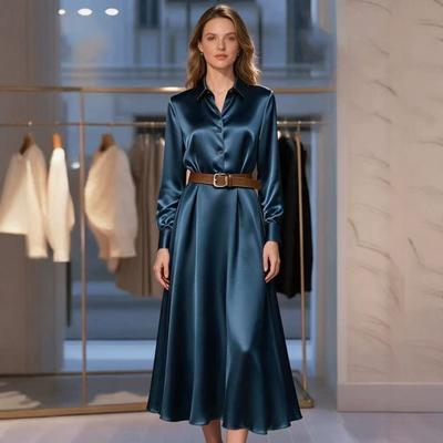 European and American Autumn Women's Clothing Solid Color Simulation Silk European and American Style Long-sleeved Lapel Waist Medium and Long Dress