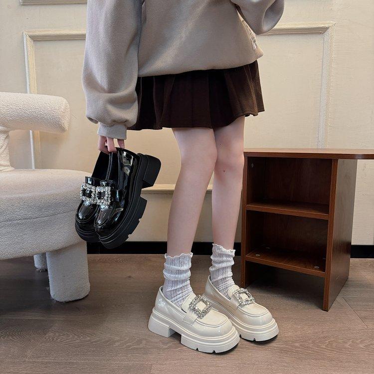 Princess Hyde~ Rhinestone Square Buckle Thick-soled Thick-heeled Lazy Loafer Single Shoes 2025 New Versatile Women's Small Leather Shoes