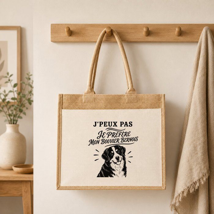 Sac Cabas - PLANETEE - J’peux pas je préfère mon Bouvier Bernois - Toile de jute et coton - 21 L (43×33×21 cm) - Illustration noire