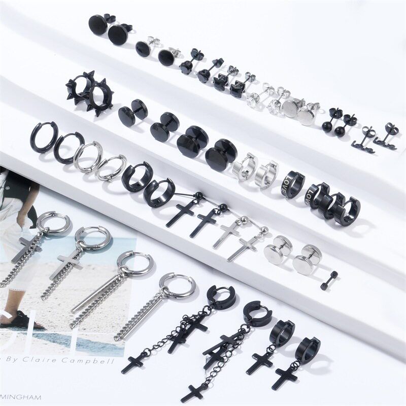 48 PCs European and American Stainless Steel Black Cross Stud Earrings