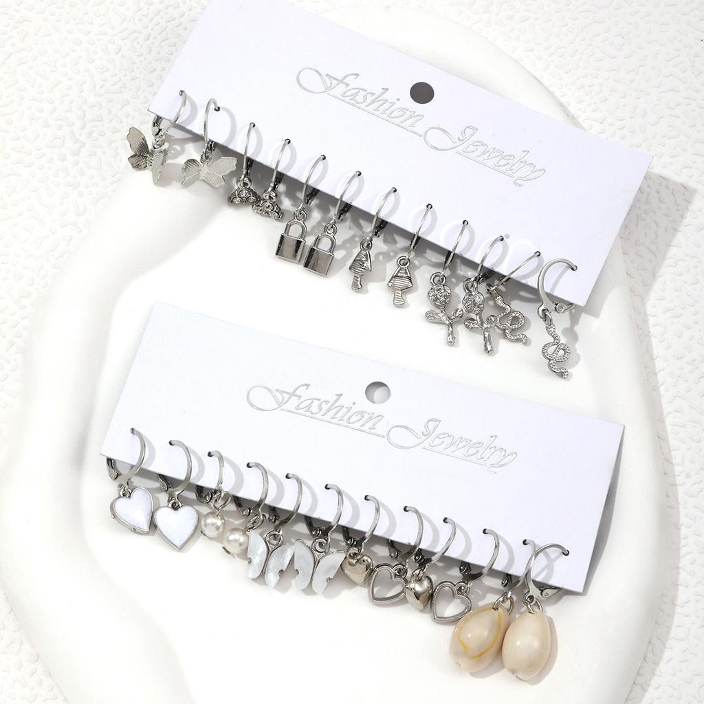 Hot-selling love pearl lock snake butterfly mushroom lock ear buckle creative personalized earrings earrings set pair