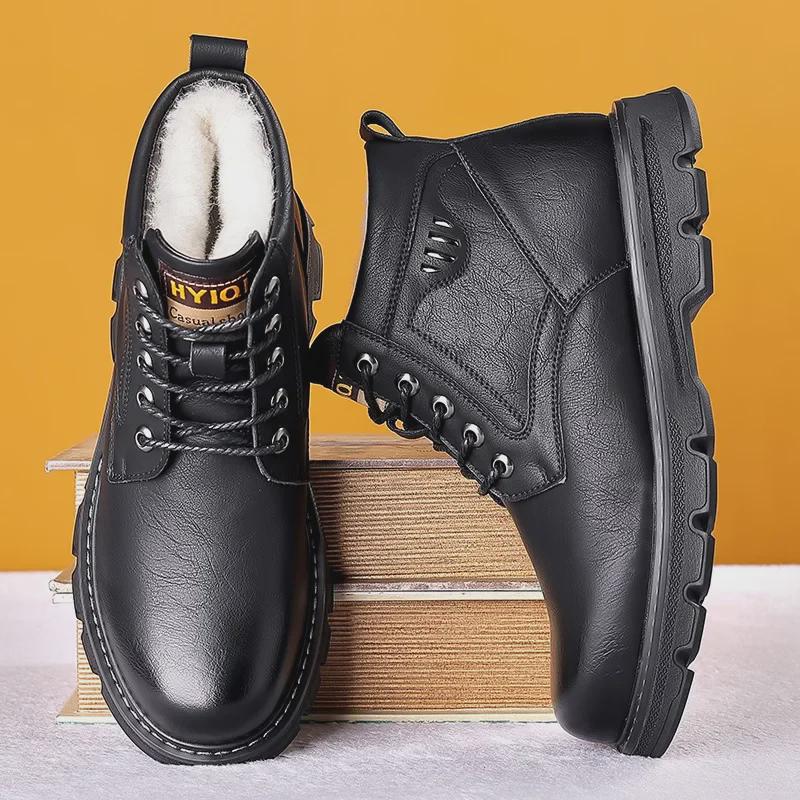 Pánské zimní boty středního střihu v britském stylu z černé kůže se sametovou podšívkou