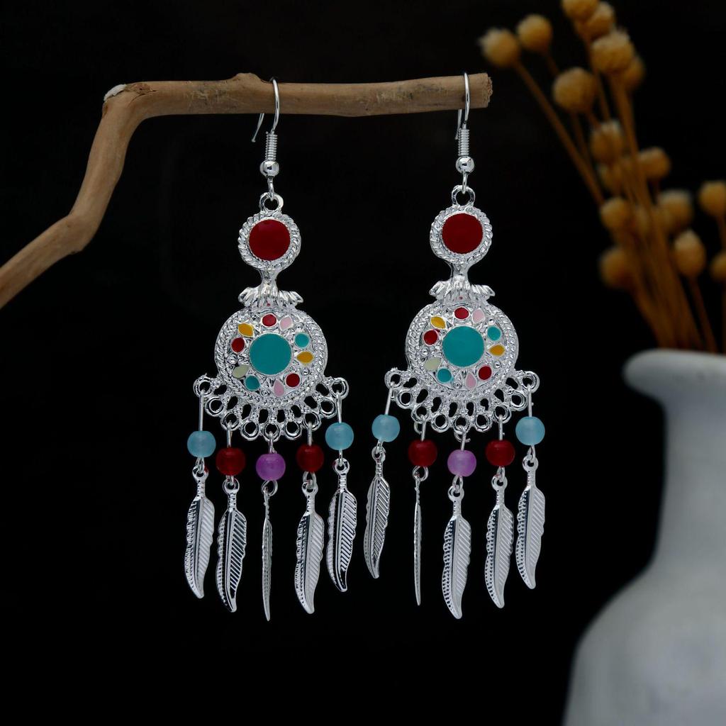 Personalized Bohemian Miao Silver Geometric Tassel Earrings