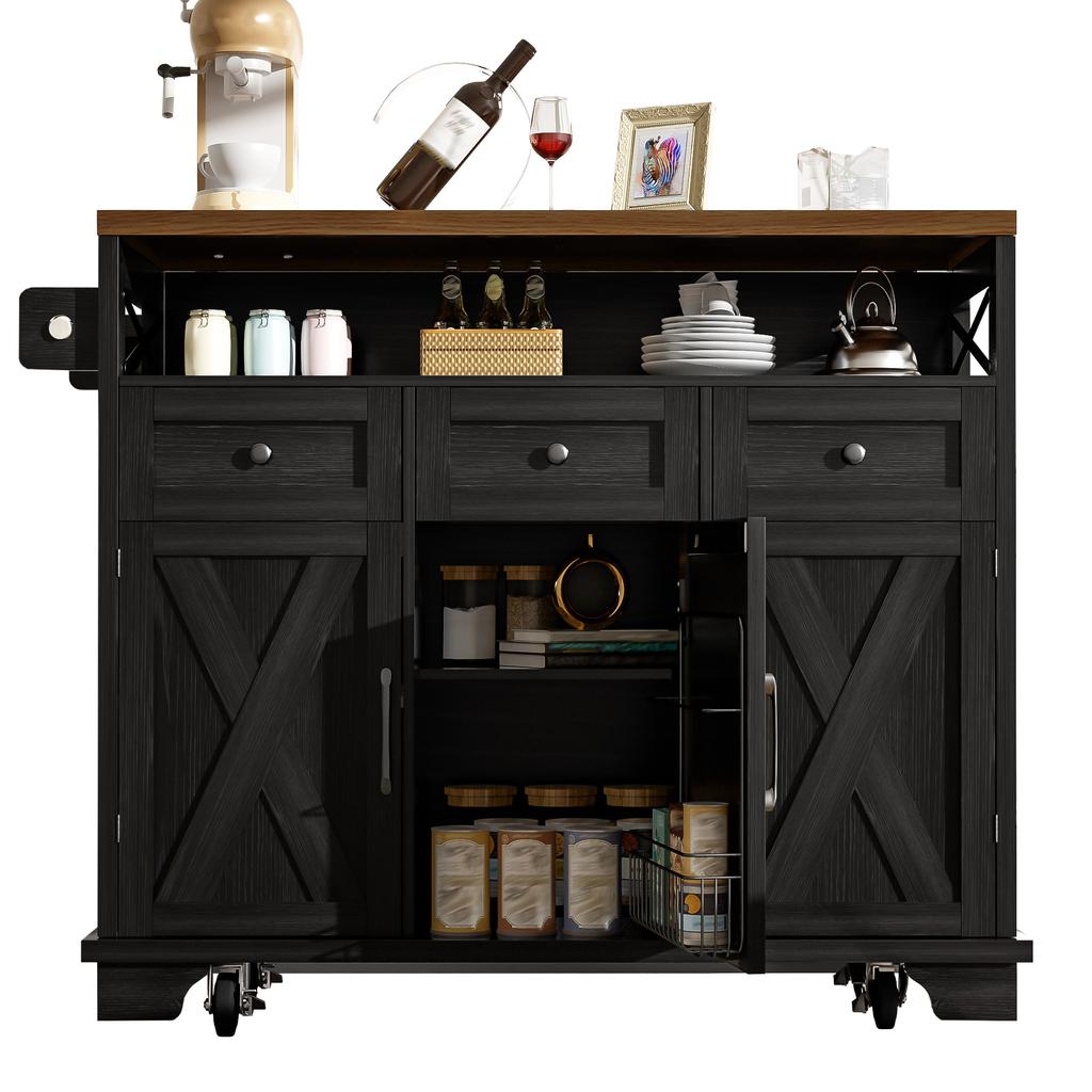 Modern Kitchen Island (118×43-70×98cm) with Wood Grain, Cart with Wheels, Multifunctional Storage, Removable Dividers, Towel Holder, Black
