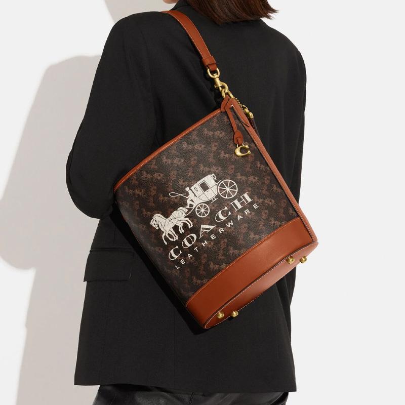 Coach Dakotah 34 Carriage Pattern Interior Zipper Pocket Coated Canvas With Fine Calfskin Bucket Bag Tote Shoulder Crossbody Bag Large CH733-B4TXN
