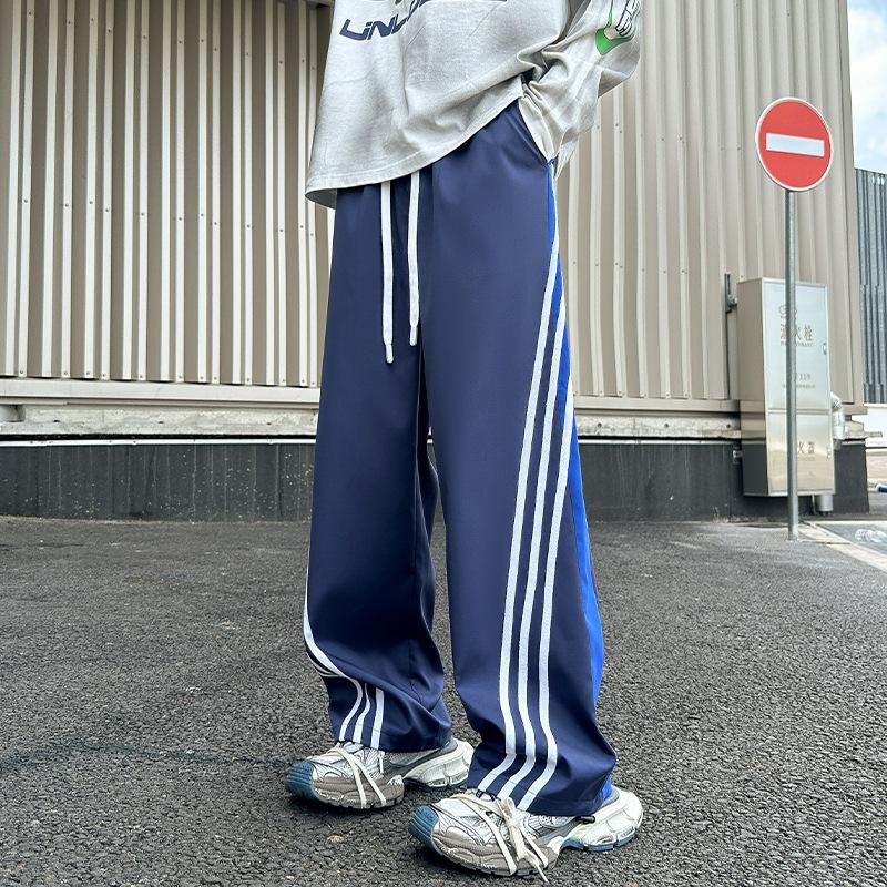 Autumn new large size Guochao three-bar shock pants Hong Kong style men's straight-leg pants wide-leg pants casual trousers