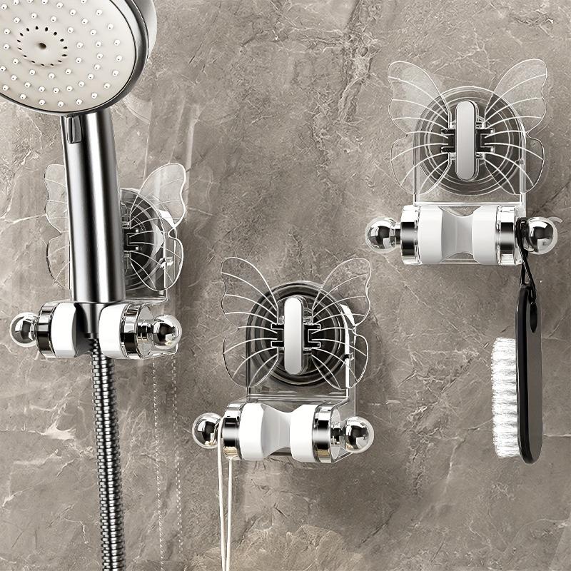 [Adjustable Gray Shower Head Holder] Adjustable Shower Head Bracket with Butterfly Design, Wall-mounted Shower Holder, Bathroom Storage Organizer