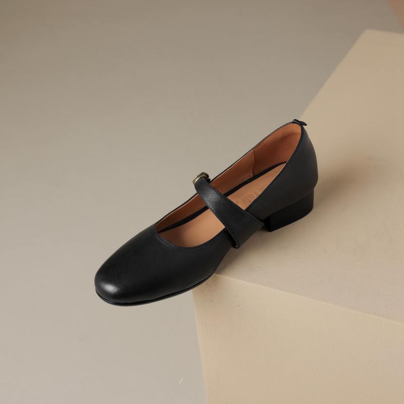 Hovězí kůže s kulatou špičkou tlusté střední podpatky podzimní boty Mary Janes pevné dámské lodičky