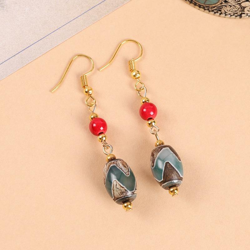 Original design Tibetan nine-eye dzi bead agate earrings retro literary tiger tooth earrings Chinese earrings women