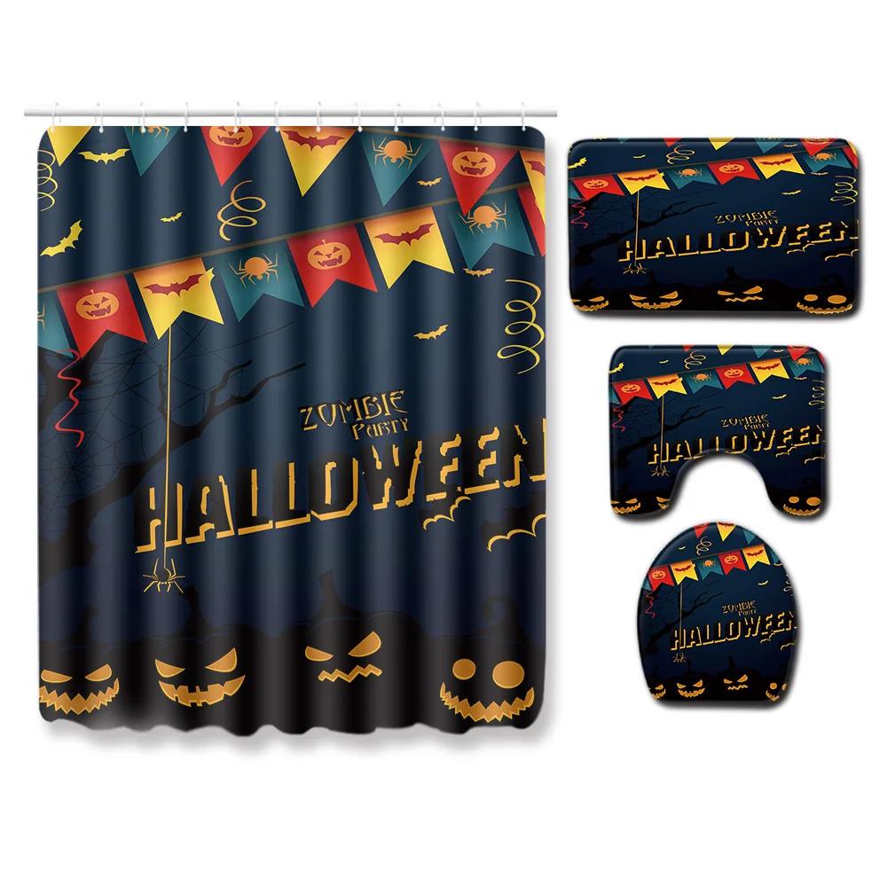 4-piece Set of Halloween Pumpkin Ghost Printed Waterproof Shower Curtain with Hooks, Bathroom Floor Mat, U-shaped Mat