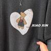 Beautiful Korean Style Plush T-Shirt with Heart and Bear Print - Women's Casual Short-Sleeved Top