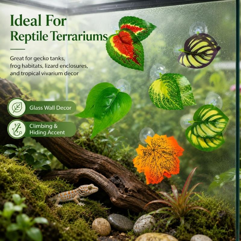 Reptiles Clear Suction Cup Artificial Plant Accent, Colorful Plastic Habitat Display Accessory for Enclosure Styling Use