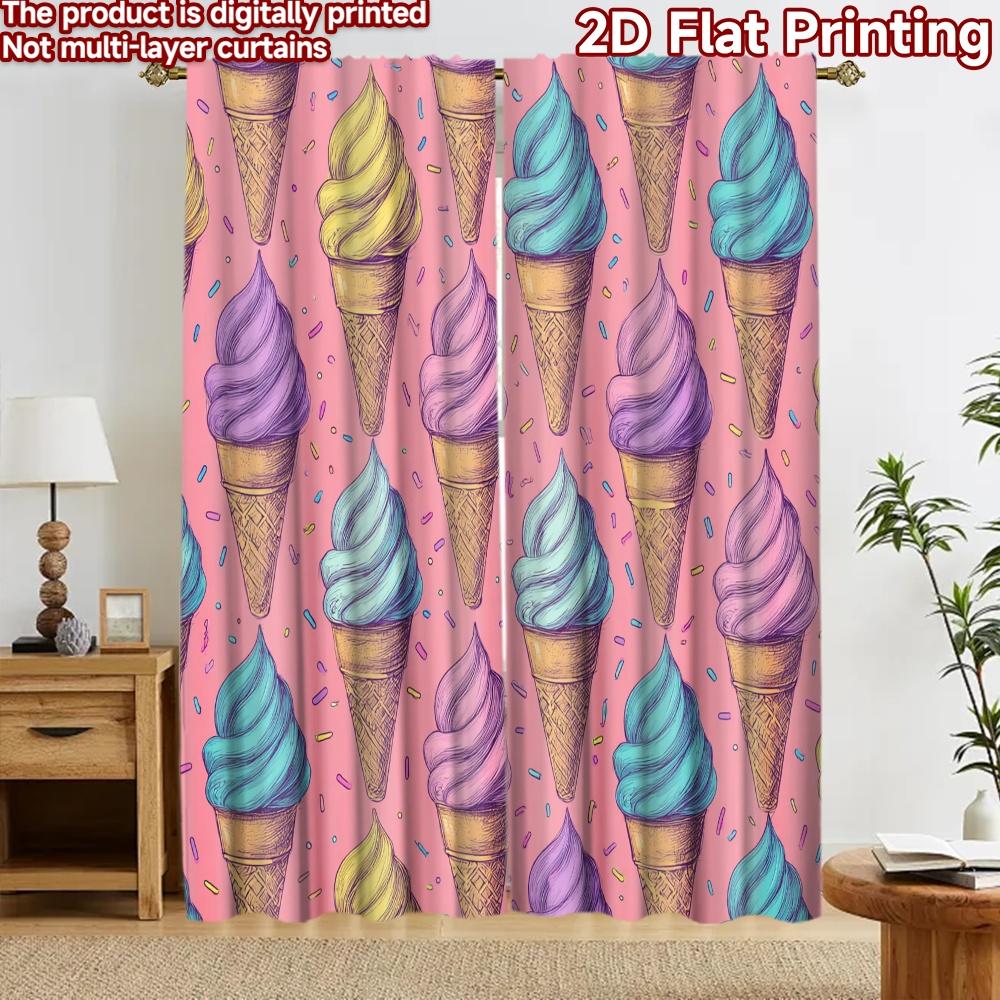 2D flat printing 2pcs Curtain Party Curtain Colorful Ice Cream Cones Digital Printed Polyester Drapes Family Party Decoration