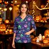 Women's V-Neck Scrub Top with Pockets, Halloween Print, 3/4 Sleeve Side Slit Tunic for Work or Costume