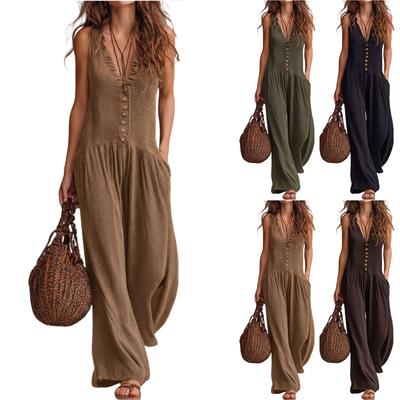 Damen Ärmelloser Jumpsuit mit weitem Bein Knopfleiste V-Ausschnitt Lässig Lockerer Sitz Sommer Romper mit Verstellbaren Trägern Taschen