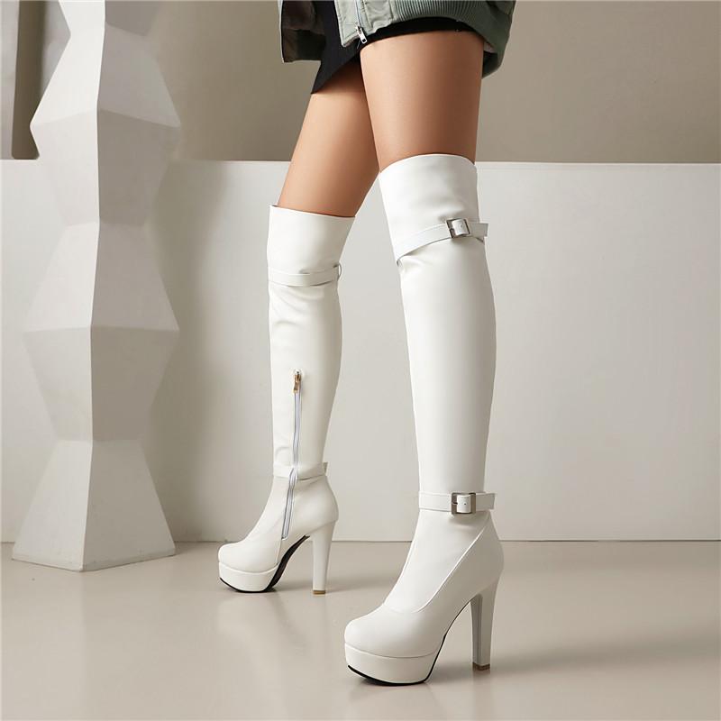 Women's High-heeled Boots, Sexy European and American Style Waterproof Platform Thick Heel Solid Color Large-size Knee Boots