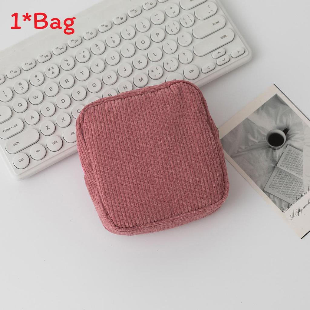 Light Corduroy Makeup Organizer With Stitching For Daily Use And Travel Storage