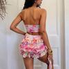 Sexy Printed Bikini Three-Piece Swimsuit European And American Lace-Up Pleated Skirt Bikini Hot Spring Swimsuit Women