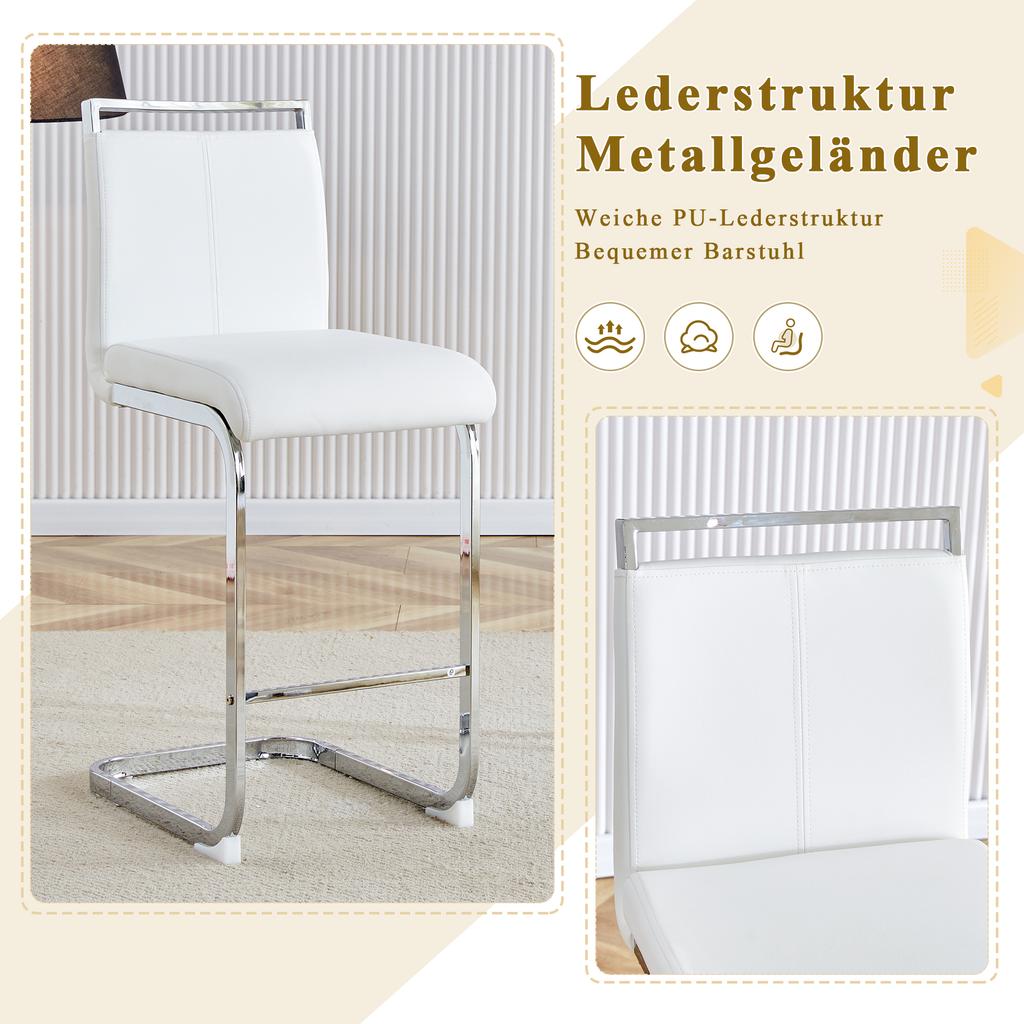 Set of 2 Bar Stools in Nordic Style. High-quality white faux leather with silver metal legs. Suitable for restaurants, kitchens. Height: 96.5 cm.