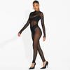 Tuta da donna sexy a rete con maniche lunghe, stile europeo-americano, trasparente
