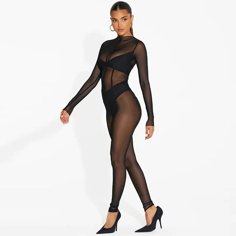 Tuta da donna sexy a rete con maniche lunghe, stile europeo-americano, trasparente