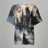 Women's Casual Short Sleeve Linen Cotton Blend Henley Shirt with Chest Pocket Halloween Themed Graphic Print