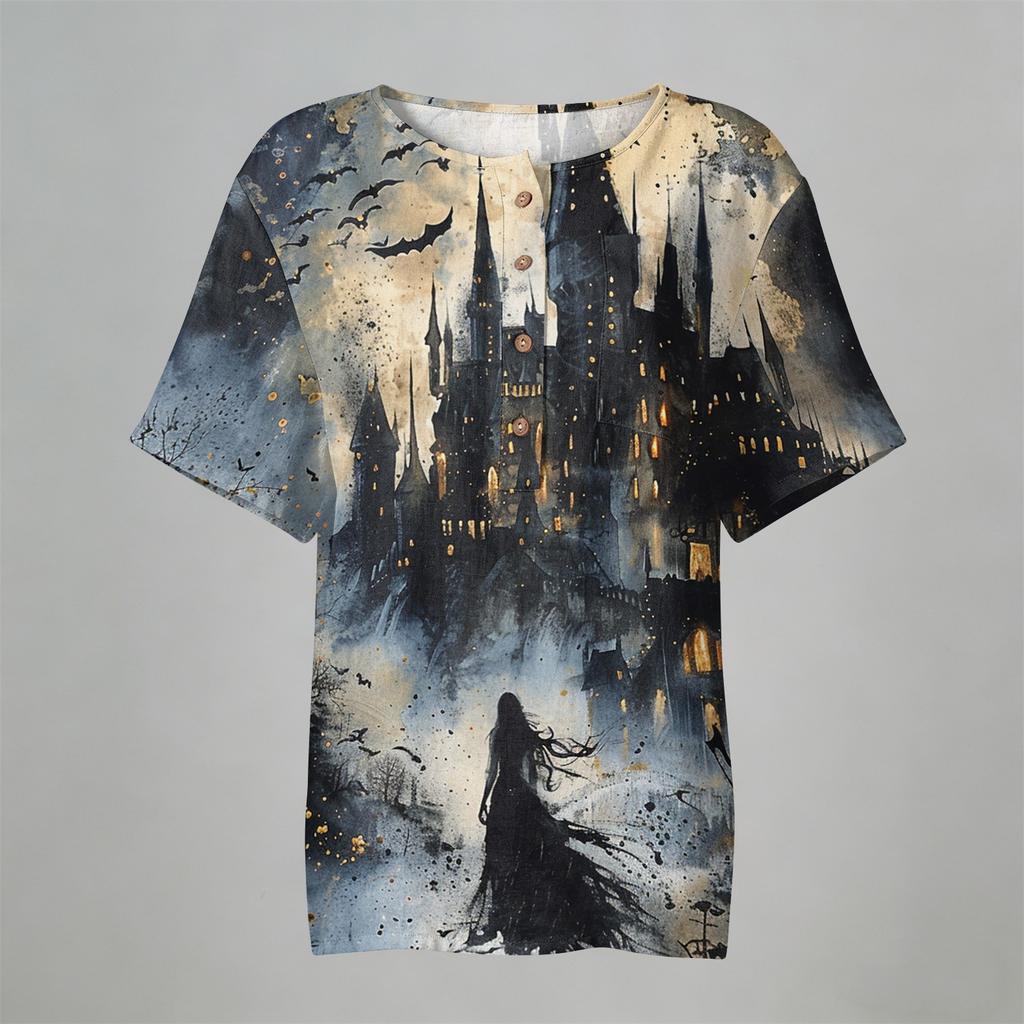 Women's Casual Short Sleeve Linen Cotton Blend Henley Shirt with Chest Pocket Halloween Themed Graphic Print