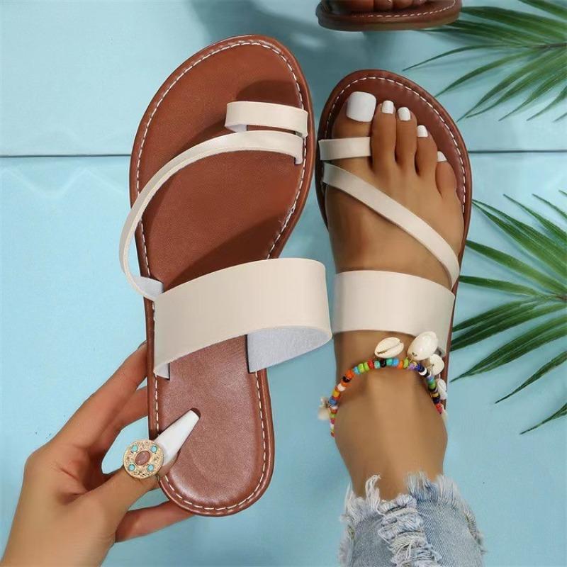 Fashion Womens Sandals Flip Flop Sandals One Button Light Casual Rubber Sole Sandals Flat Slipper  With A Single Strap Toe Strap