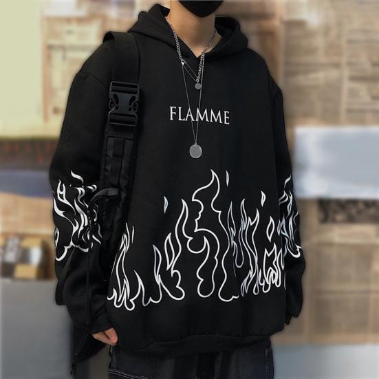 Hanorac Bărbați Toamnă Imprimeu Flacără Glugă Mâneci Lungi Moale Călduros Larg Stil Hip Hop Hanorac de Iarnă pentru Școală