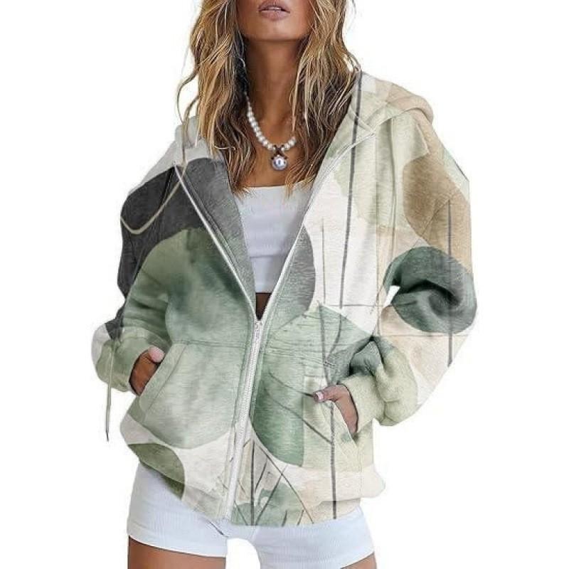 Womens Oversized Hooded Zip-Up Sweatshirt With 3D Printed Winter Casual Loose Fit